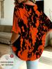 Women's Casual V-neck Three-quarter Sleeves, Orange and Black Tie-dye Ink Flowing Print, Loose and Large-sleeved