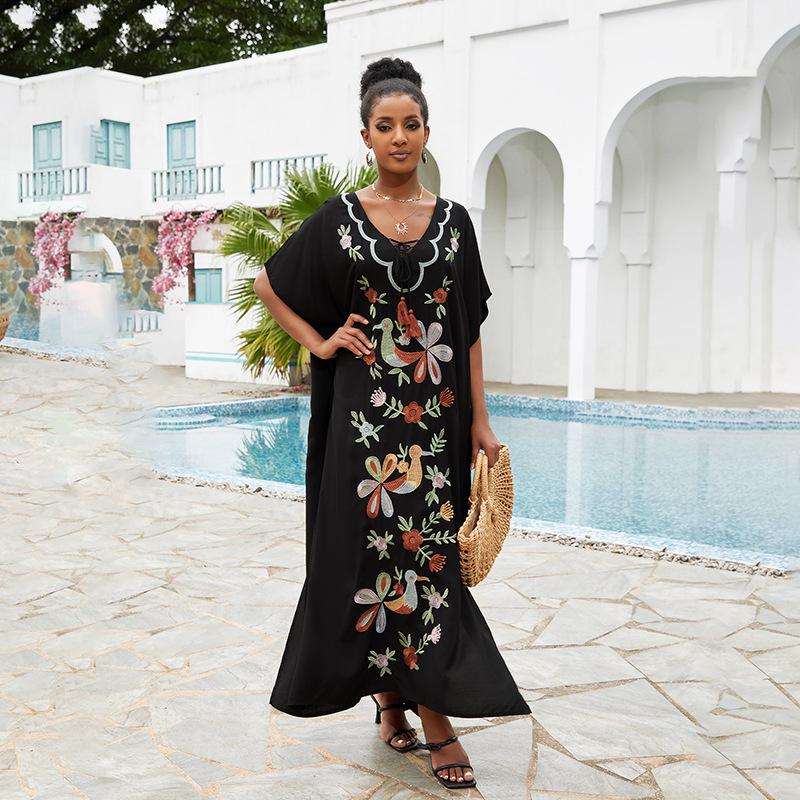 

Европейское и американское черное вискозное вышитое пляжное платье-накидка для морского отдыха One Size