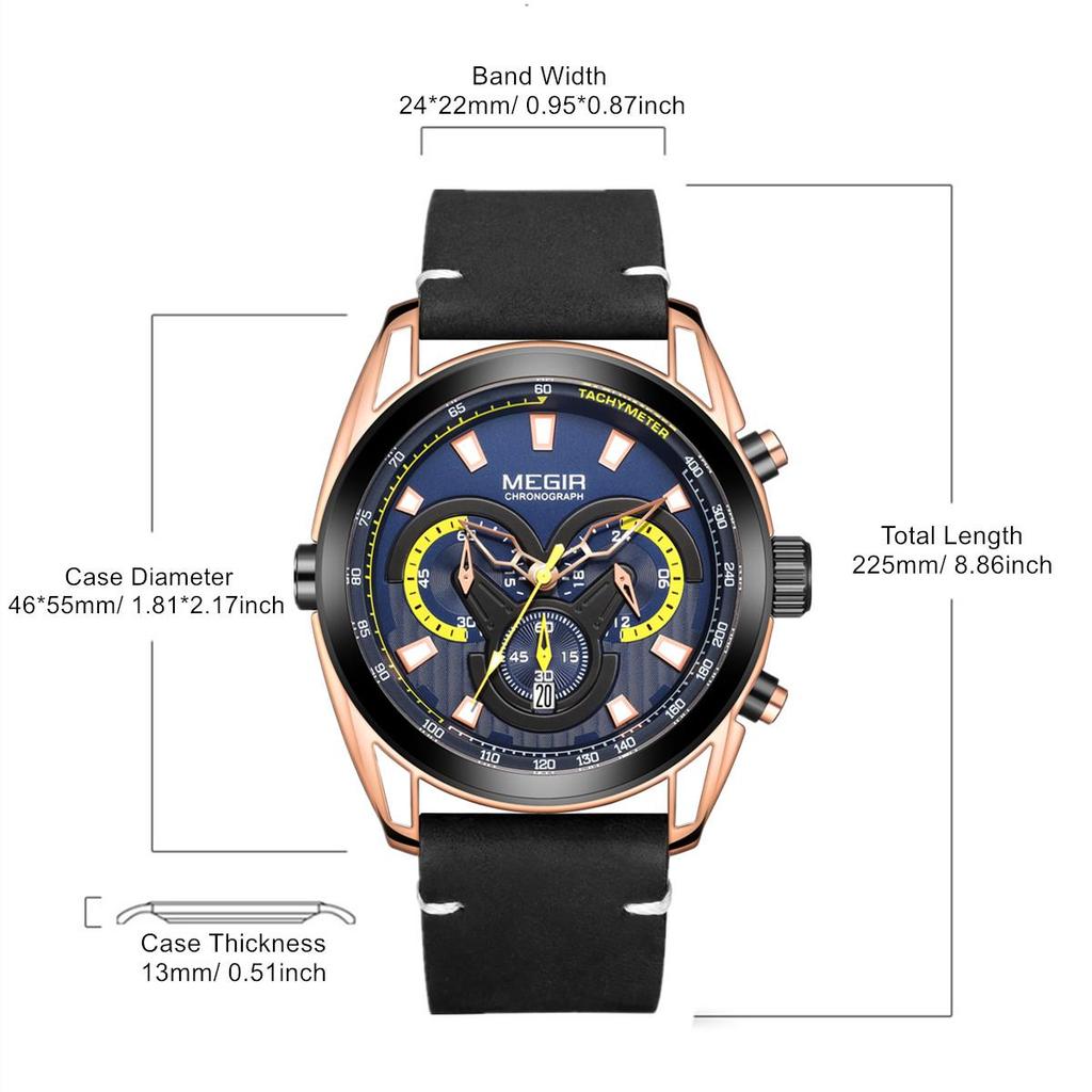 Megir Rose Black Luxury Chronograph Men Watches with Leather Strap