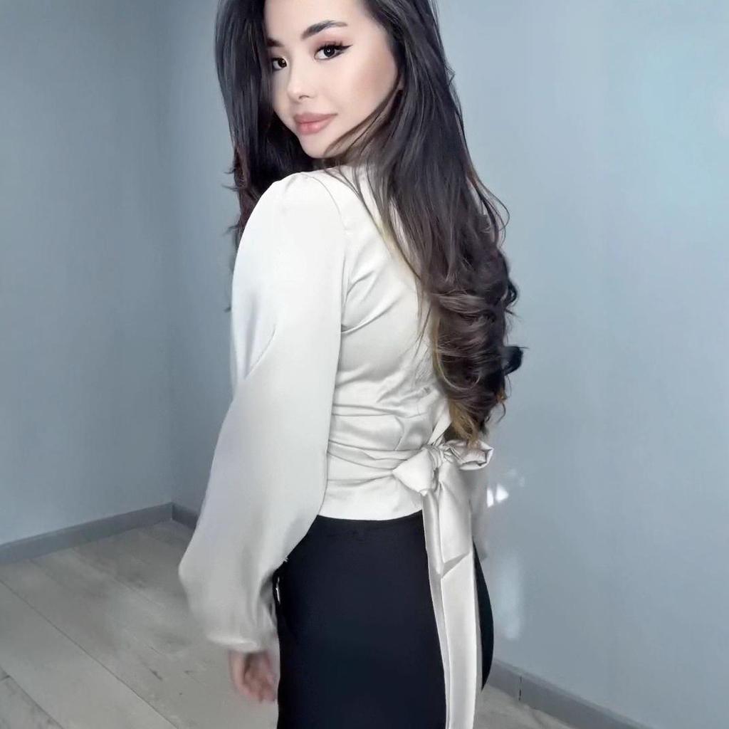 2025 Autumn European & American Style Women's Irregular V-Neck Tie-Up Top