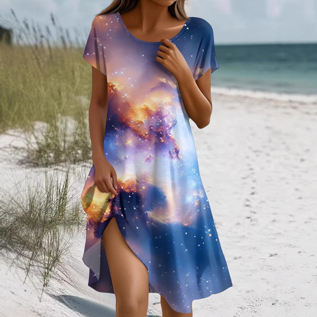 Damenmode Kurzarm Boho-Print Kleid Mit Taschen