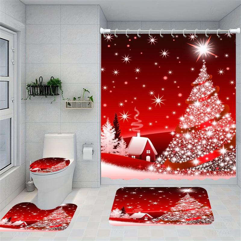 Christmas Series Shower Curtain Digital Printing Bathroom Shower Curtain Four-Piece Polyester Shower Curtain