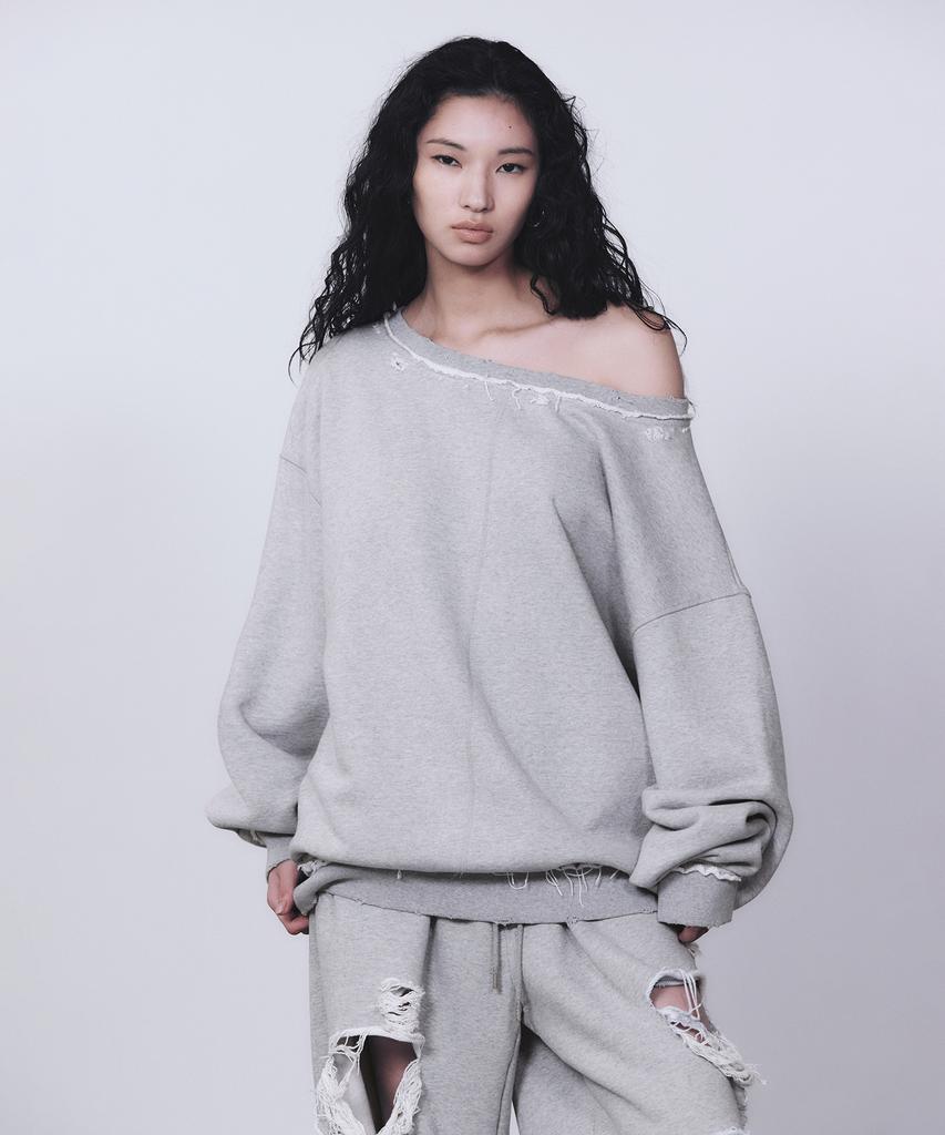 Teulimingbeodeu Scratch Damage Boat Neck Sweat Shirt [ Melange Gray ]