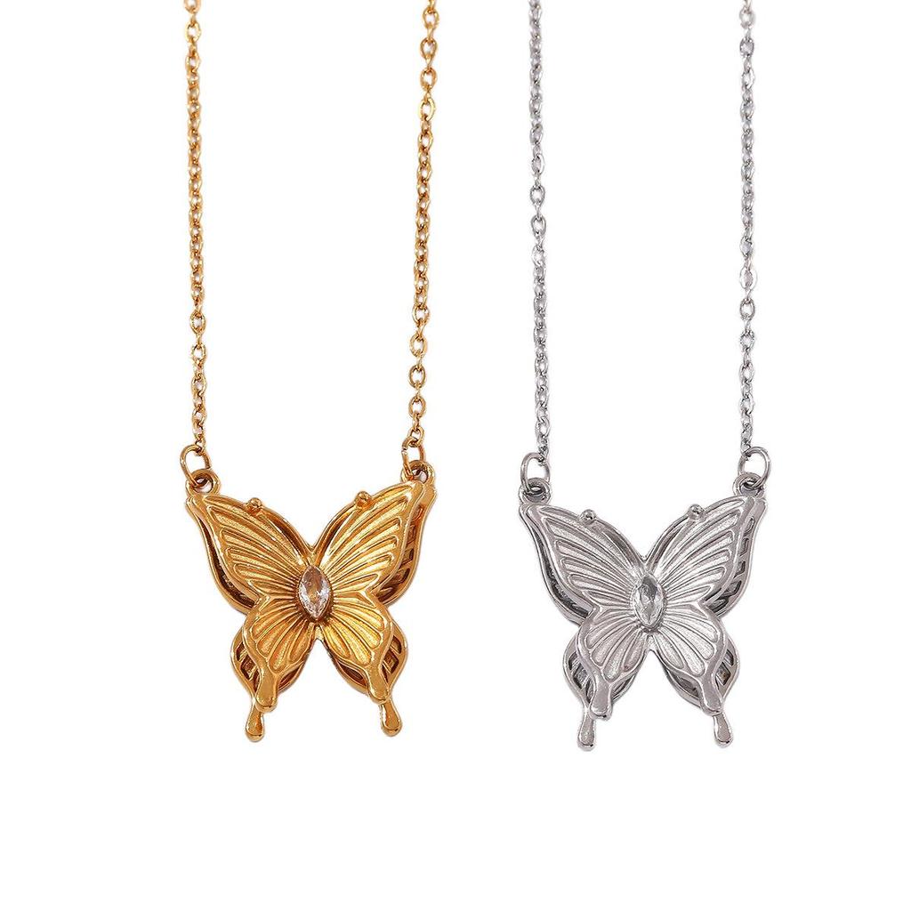 Elegant Butterfly Necklace - Gold-Plated Stainless Steel with Diamond Accents, Two-tone Design