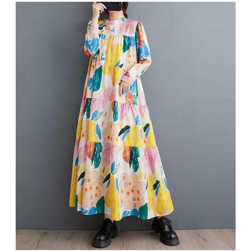 New Large Size Loose Thin Fashion Long-sleeved Printed Mid-length Dresses