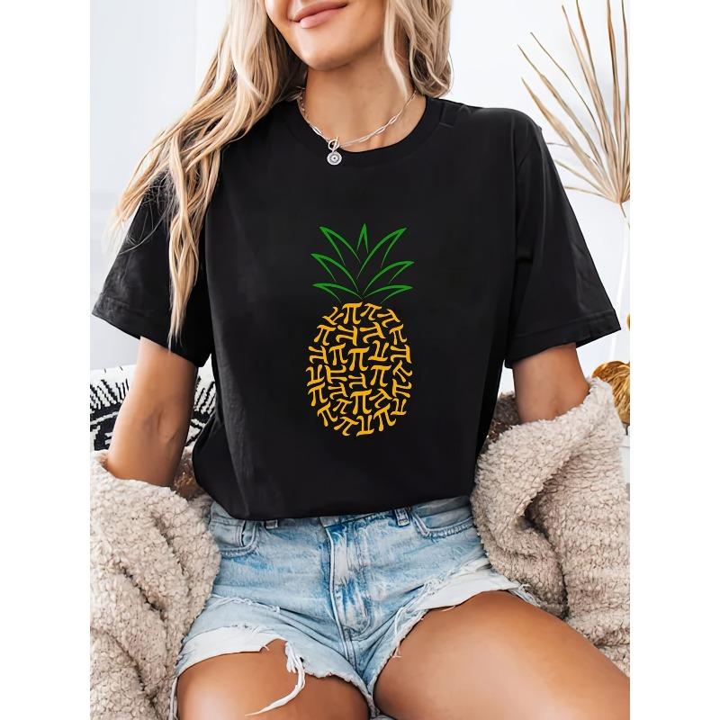 Women Casual Pineapple Print T Shirt Crew Neck Short Sleeve Lightweight Summer Top Soft Polyester