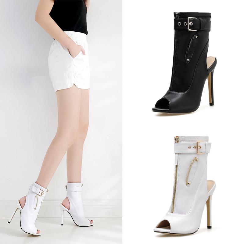 2019 European and American new fish mouth rear empty sexy PU front zipper thin high heel women's cool boots 198-13