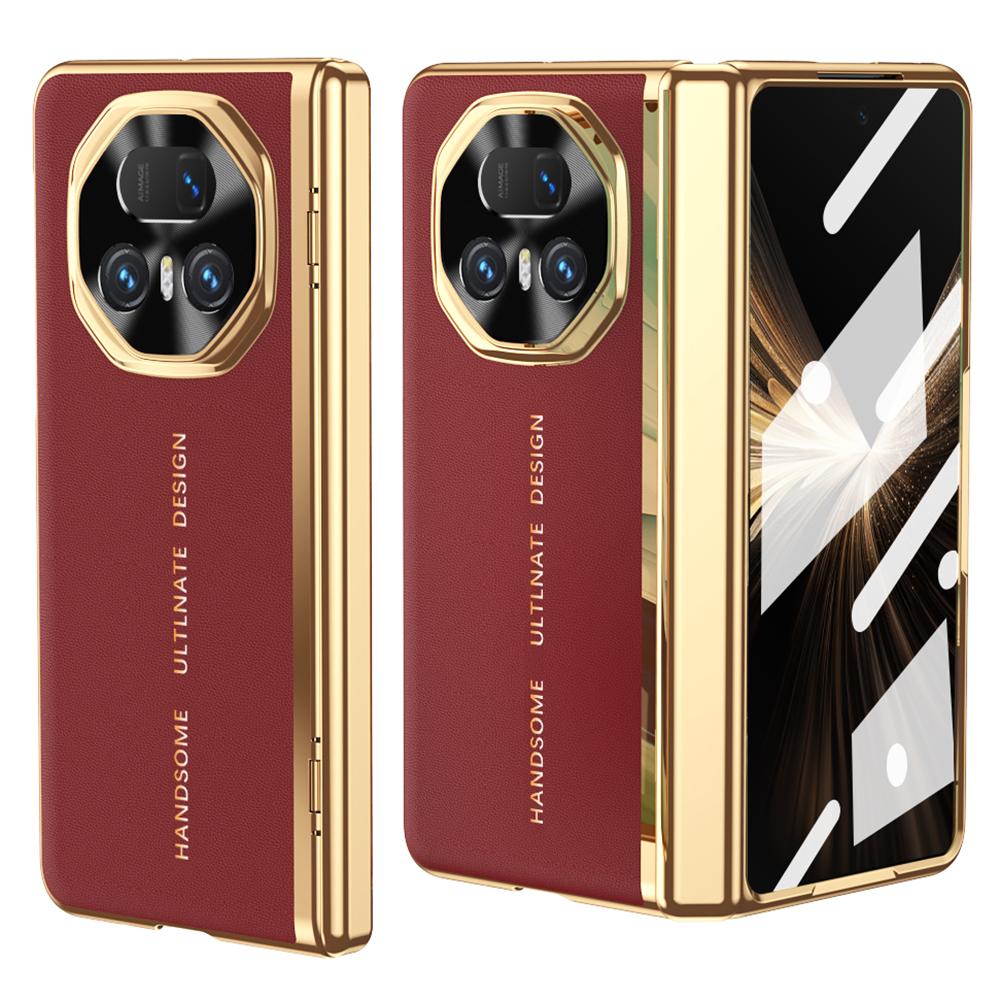 

Для Honor Magic V5 5G Чехол из ПУ кожи+ПК с гальваническим покрытием Чехол для телефона с защитной пленкой для переднего экрана Red