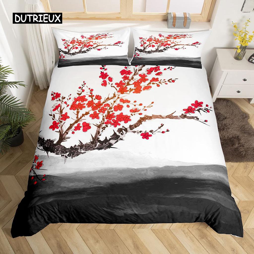 Zestaw Poszwy na Kołdrę King Kwiaty Wiśni Styl Japoński Motyw Romantyczny Różowy Zestaw Poszwy na Kołdrę Botaniczny Floralny Nadruk Kołdra