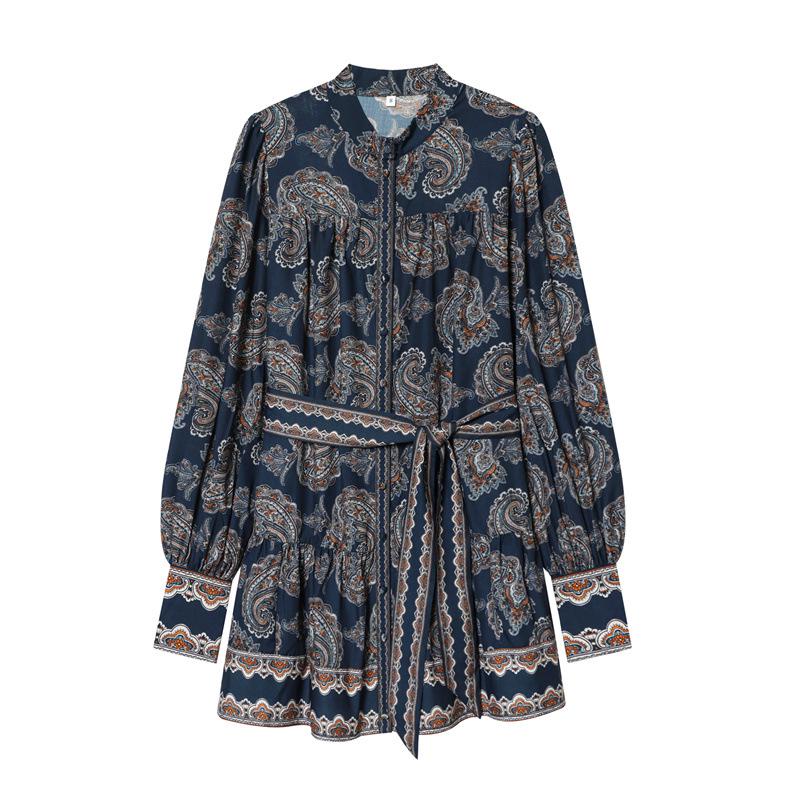 Spring 2026 European & American Style Women's Waist Tie Long Sleeve Printed Dress