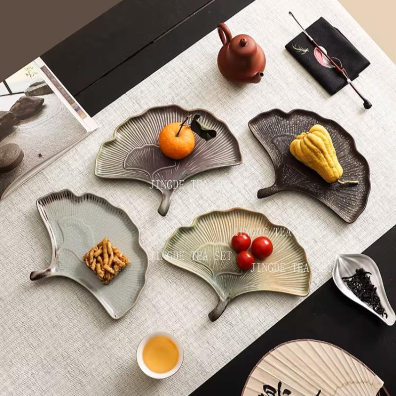 1pc Ceramic Kiln Turned Fruit Dish Chinese Style Ginkgo Leaf Dessert Plate Teapot Holder Household Dry Foam Pad Bread Plate