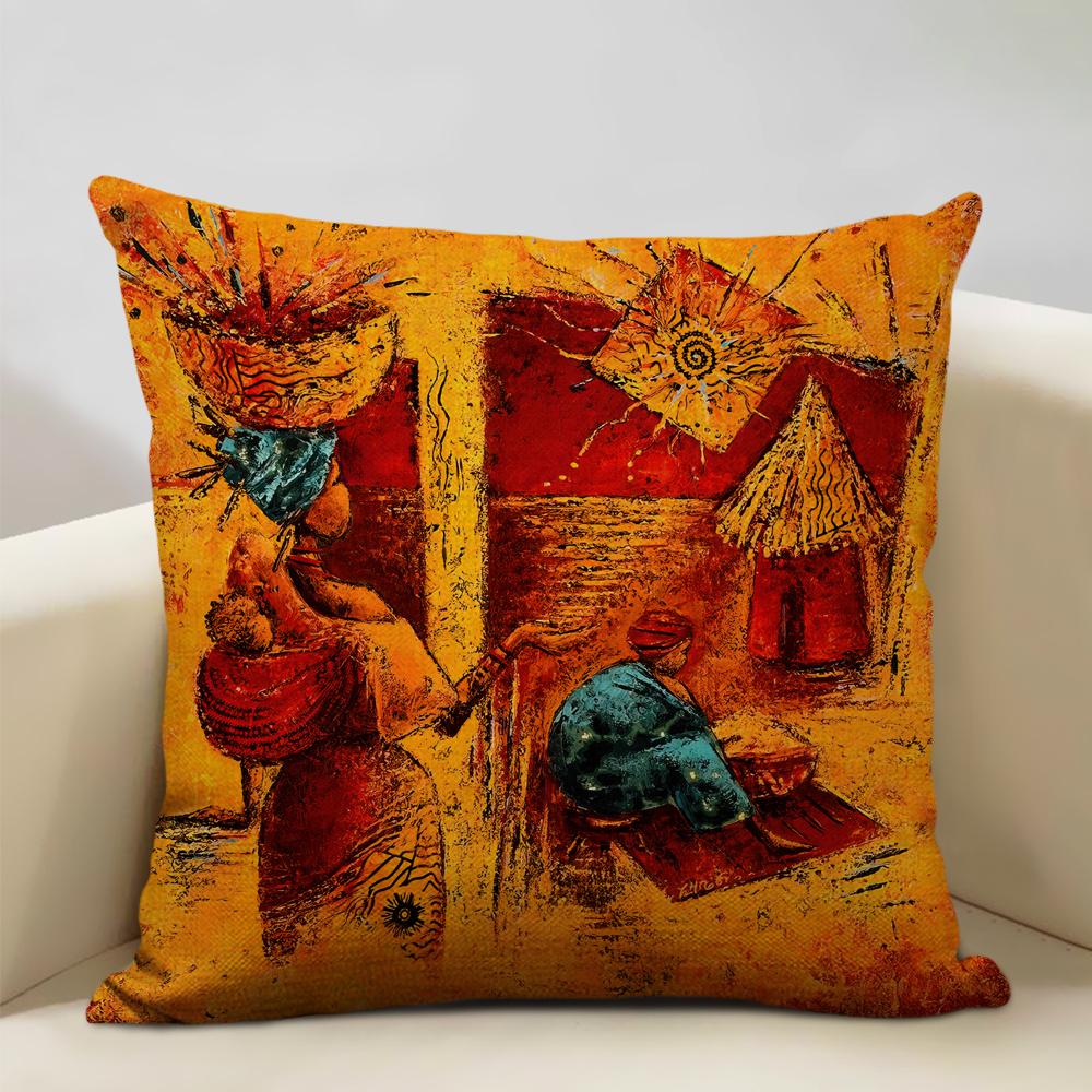 Portrait Oil Painting Cushion Cover African National Style Living Room Sofa Art Decoration Pillow Bedding 45x45cm Cover Pillows