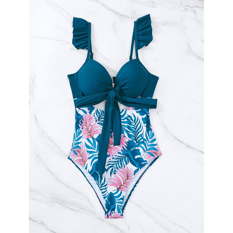 New Printed Fashionable and Sexy One-piece Bikini Set Ruffle Edge Lace Up Backless Swimming Suit Women
