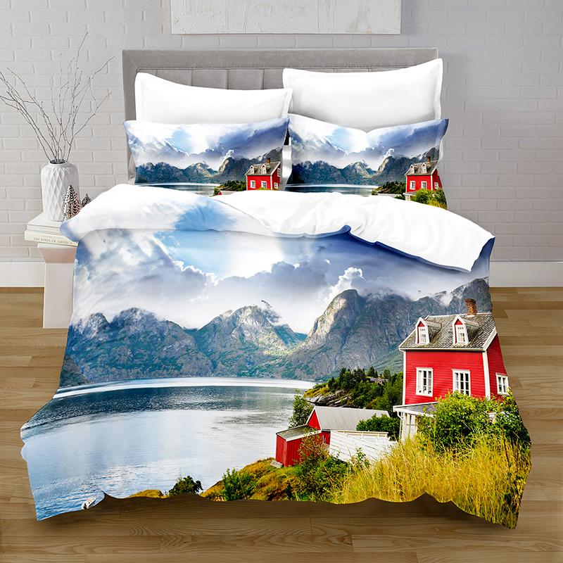 

King Size Soft 2/3 Pcs Lake Duvet Cover Set - Natural Scenery Theme with Mountain Red House Pattern (135x200cm)