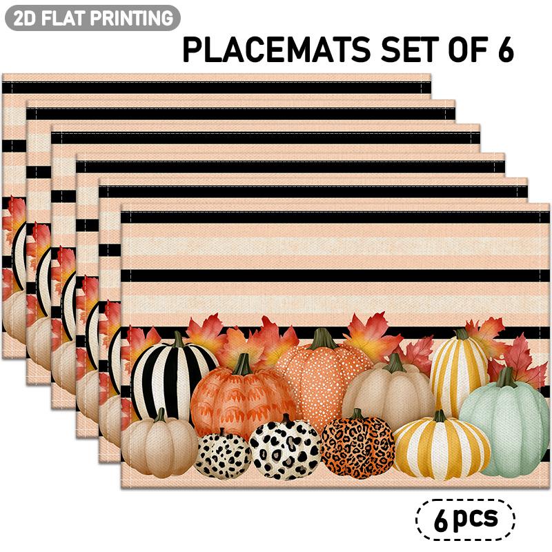 4/6pcs, Autumn Pumpkin And Maple Leaf Pattern Placemats, Colorful Pumpkin And Red Leaf Design, Suitable for Halloween Decoration, Indoor/Outdoor Party