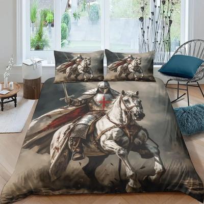 Set Husă Plapumă Medieval, Cavaler Medieval Ținând un Scut Vechi, Temă Istorică Imprimeu Digital, set de lenjerie de pat