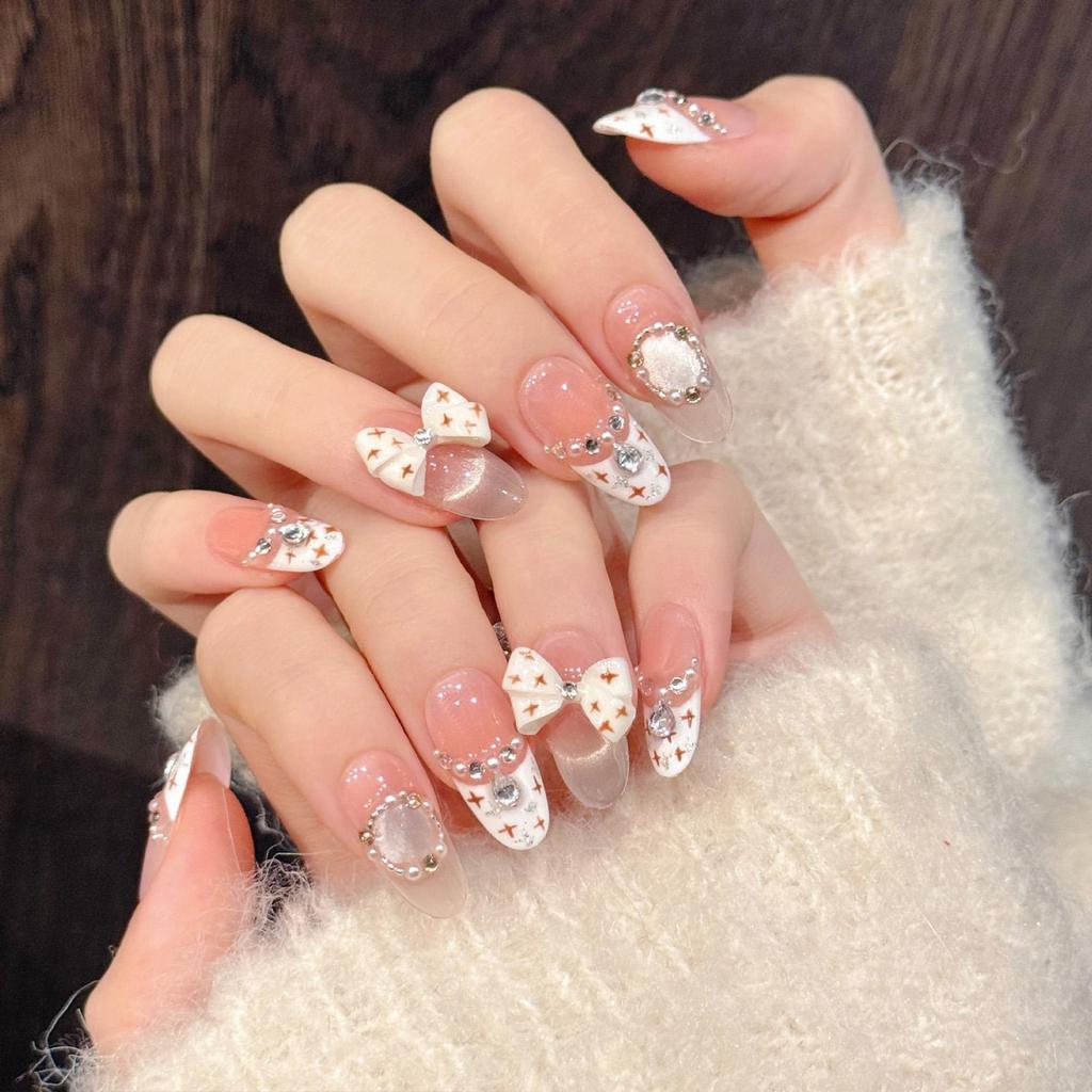 10pcs Handmade Press on Nails French Cat Eye Pink Bow Decor Korean False Nails Wearable Full Cover Ins Almond False Nail Tips