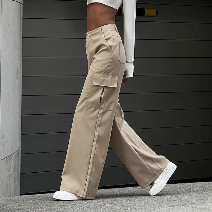Women's Street Style Design Sports Pants Fashion Solid Color Female High Waisted Straight  Cargo Trousers
