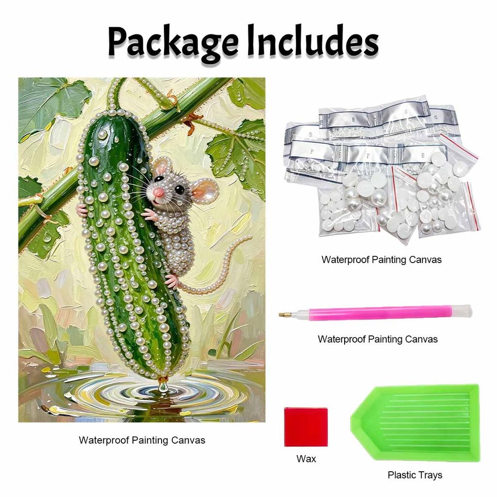 DIY Frameless Pearl Painting Kit Cute Mouse & Cucumber 3D Shiny Bead Art Canvas Relaxing Creative Craft for Home Wall Decor Gift