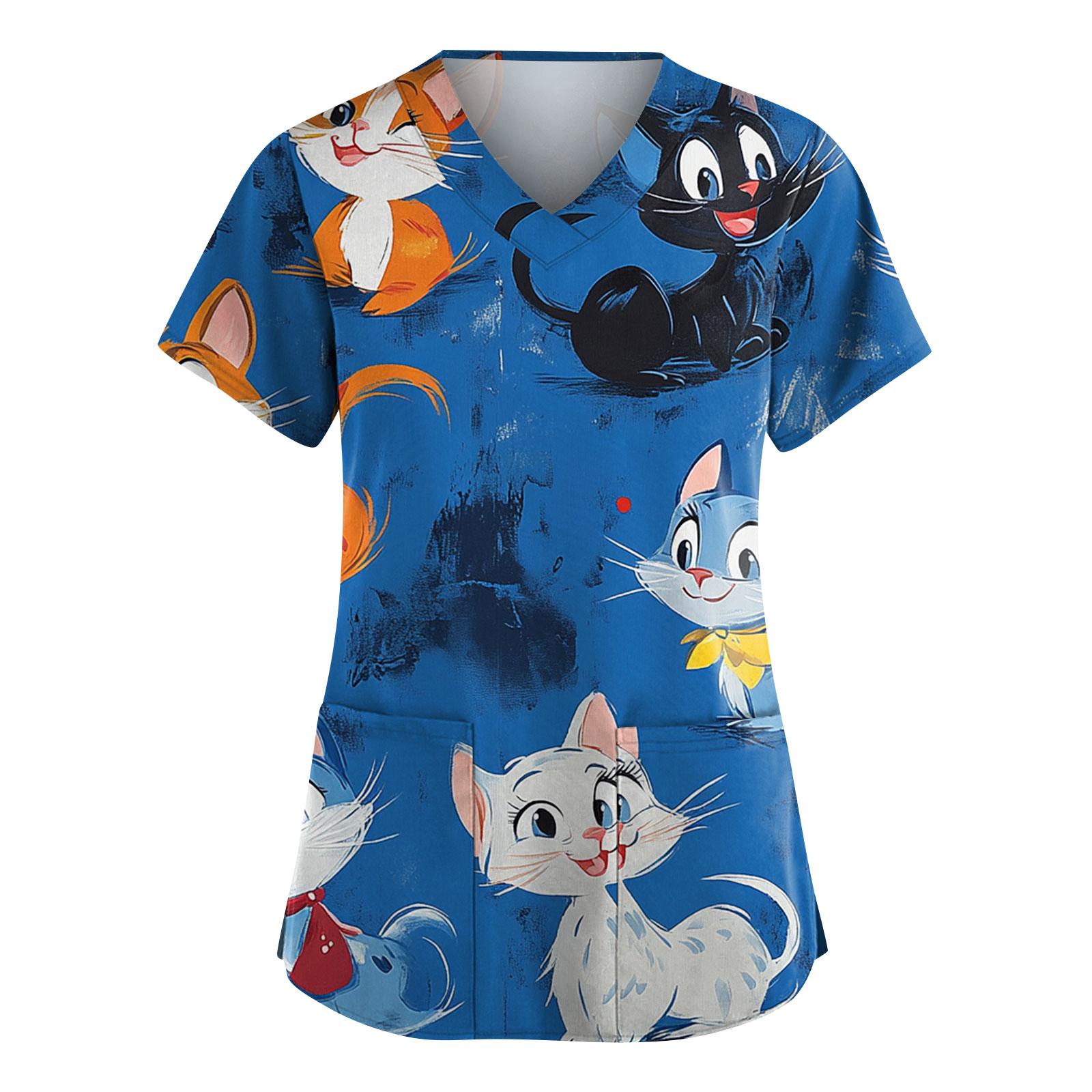 

Женская мода с коротким рукавом, симпатичным принтом животных, V-образным вырезом, карманом, рабочая одежда, топы XXXXXL синий