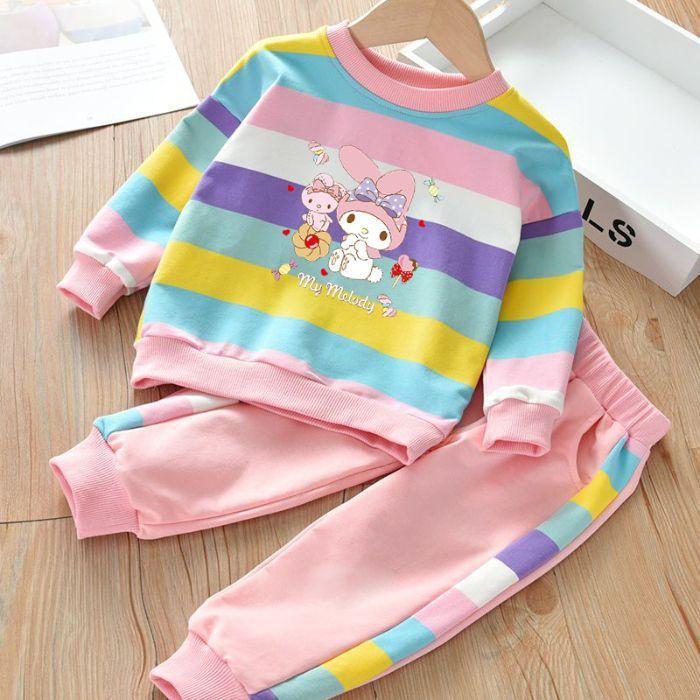 Girls Striped Rainbow Cartoon Sweatshirt and Pants Set for Spring Autumn 90