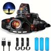 XHP70 Rechargeable Waterproof LED Headlamp with Three Lighting and Three 18650 Batteries for Emergency Power and Work High-Brightness Modes, Zoomable,