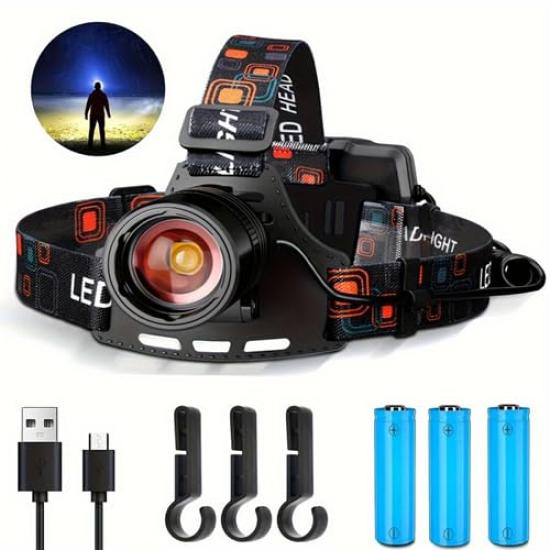 XHP70 Rechargeable Waterproof LED Headlamp with Three Lighting and Three 18650 Batteries for Emergency Power and Work High-Brightness Modes, Zoomable,