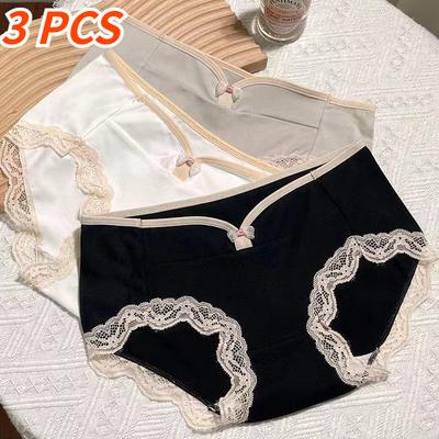 3PCS New Low Waist Panties for Women Underwear Sexy  Lace Satin Large Size Briefs Big Panties