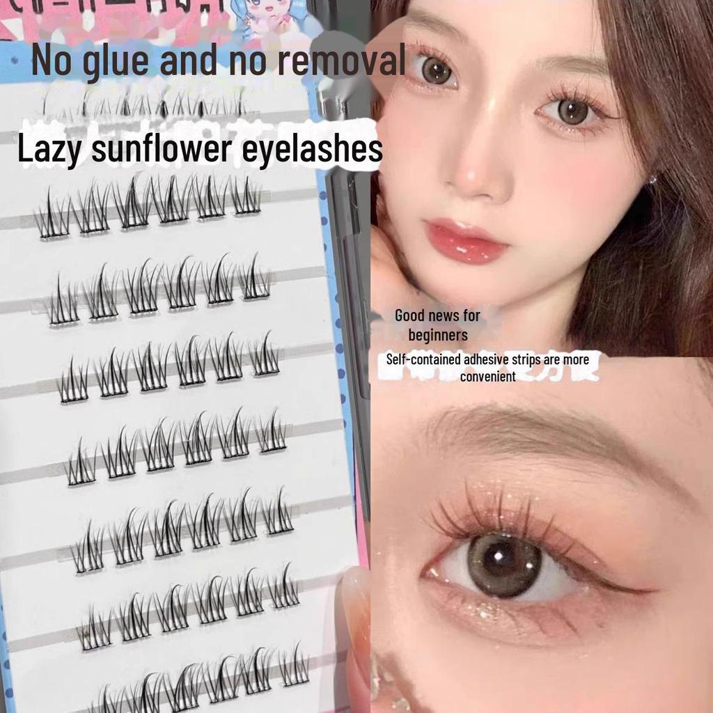 Qiaomufang No-Glue 5D Self-Adhesive False Eyelashes - Natural, Quick-Stick, Segmented Clusters