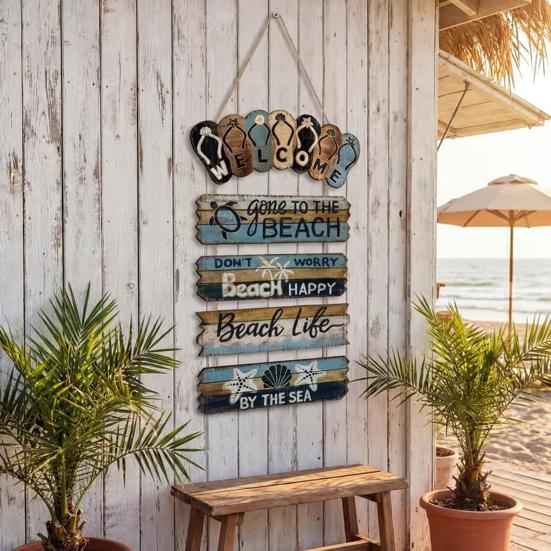 Wood Flip Flop Beach Sign, Hanging Coastal Welcome Door Sign, Vintage Rustic Farmhouse Wall Plaque for Front Door, Porch, Balcony, Summer Decor