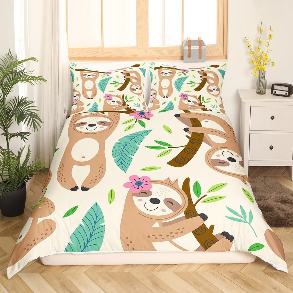 Süßes Faultier Bettwäsche Set Cartoon Faultier Bettwäsche Set für Kinder Jungen Mädchen Botanisch Floral Rosa Queen King Bettbezug Sets