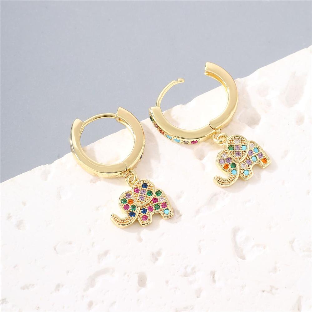 Cute Female Rainbow Zircon Elephant Hoop Earrings Trendy Fashion Gold Color Wedding Jewelry For Women