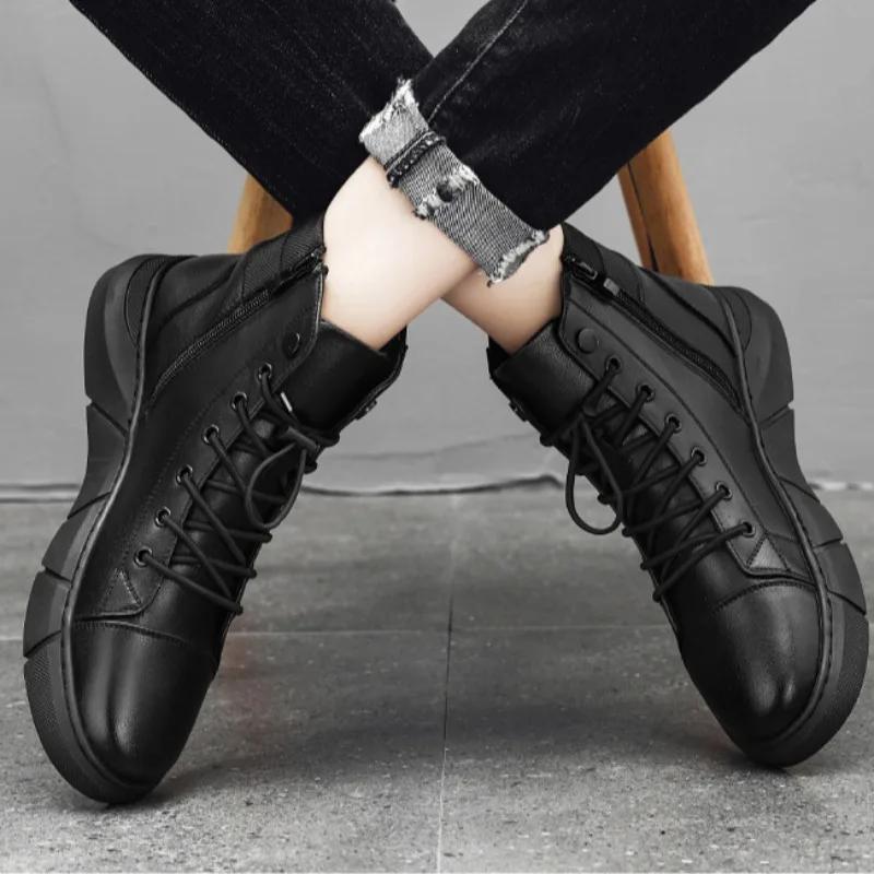 Mode Herren Lederstiefel 2024 Trends Marke Motorrad Fahrschuhe High Top Casual Bequeme wasserdichte Plattform Arbeitsstiefel