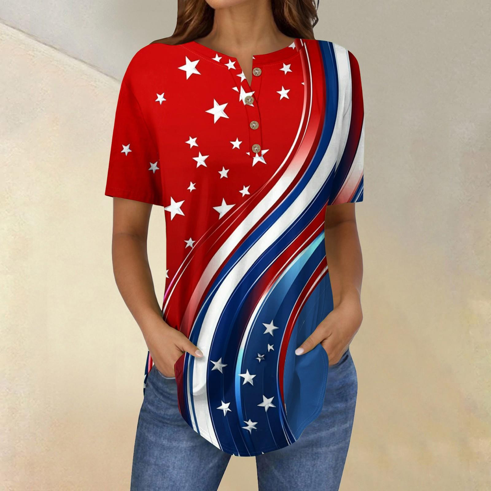 

Короткие рукава женские топы летние футболки принт V-образный вырез повседневные базовые футболки рубашки на пуговицах туники топы День независимости S красный