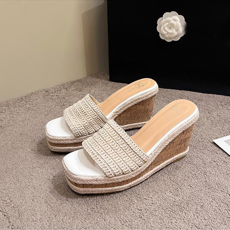 

Fashion 9cm high heels straw slippers women platform sandalias mujer 2025 new summer wedges shoes woman flip flops pantuflas mujer 35 белый