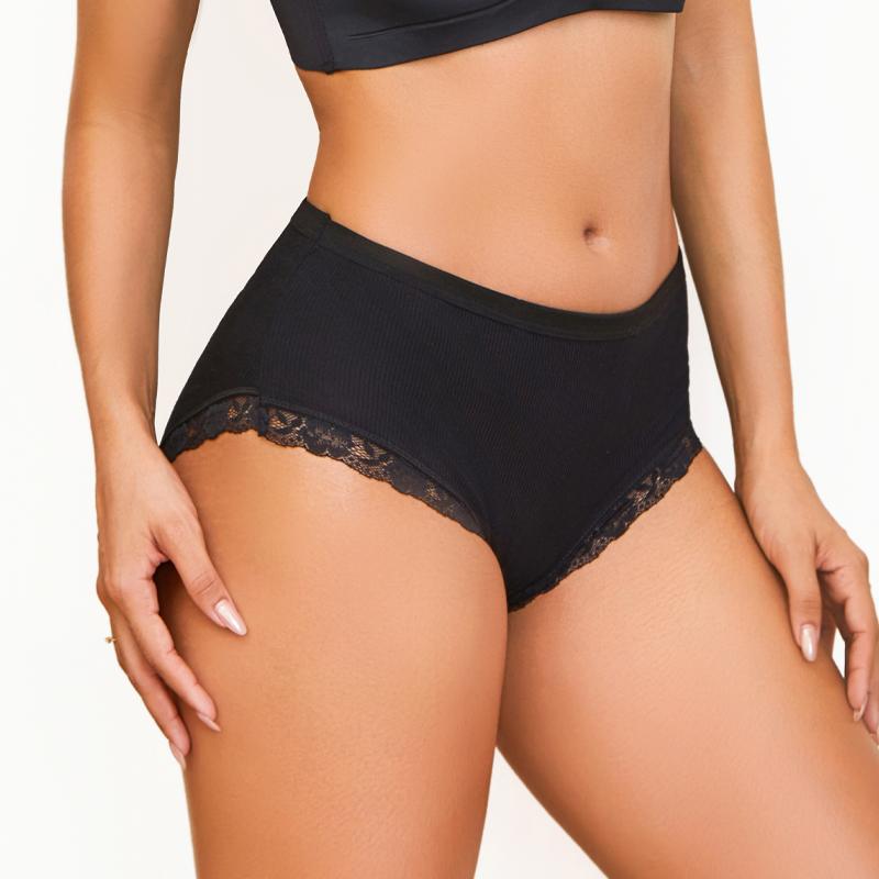 FINETOO 3Pcs/Set Women's Cotton Patchwork Lace Underwear Solid Color High Rise Ribbed Underpants Soft Breathable Panties Female Lingerie