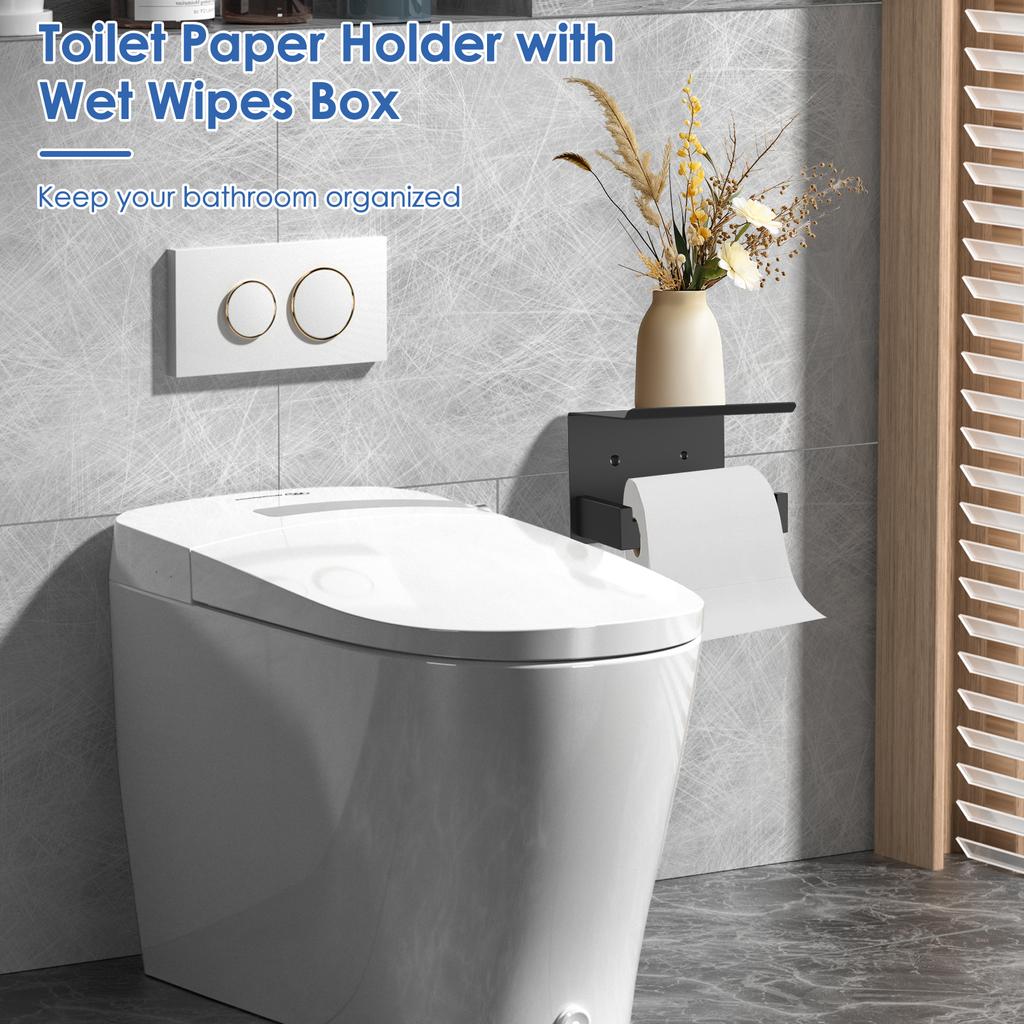 Toilet Paper Holder with Phone Shelf Wall Mounted Matte Black Toilet Roll Dispenser Stainless Steel Tissue Roll Holder for Home
