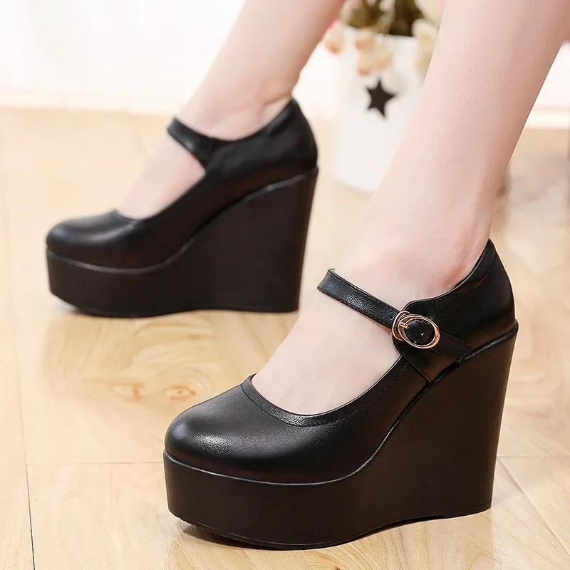 Small Plus Size 33-43 Genuine Leather Shoes Platform Wedges Mary Janes Women Spring 2025 High Heels Pumps for Office Model