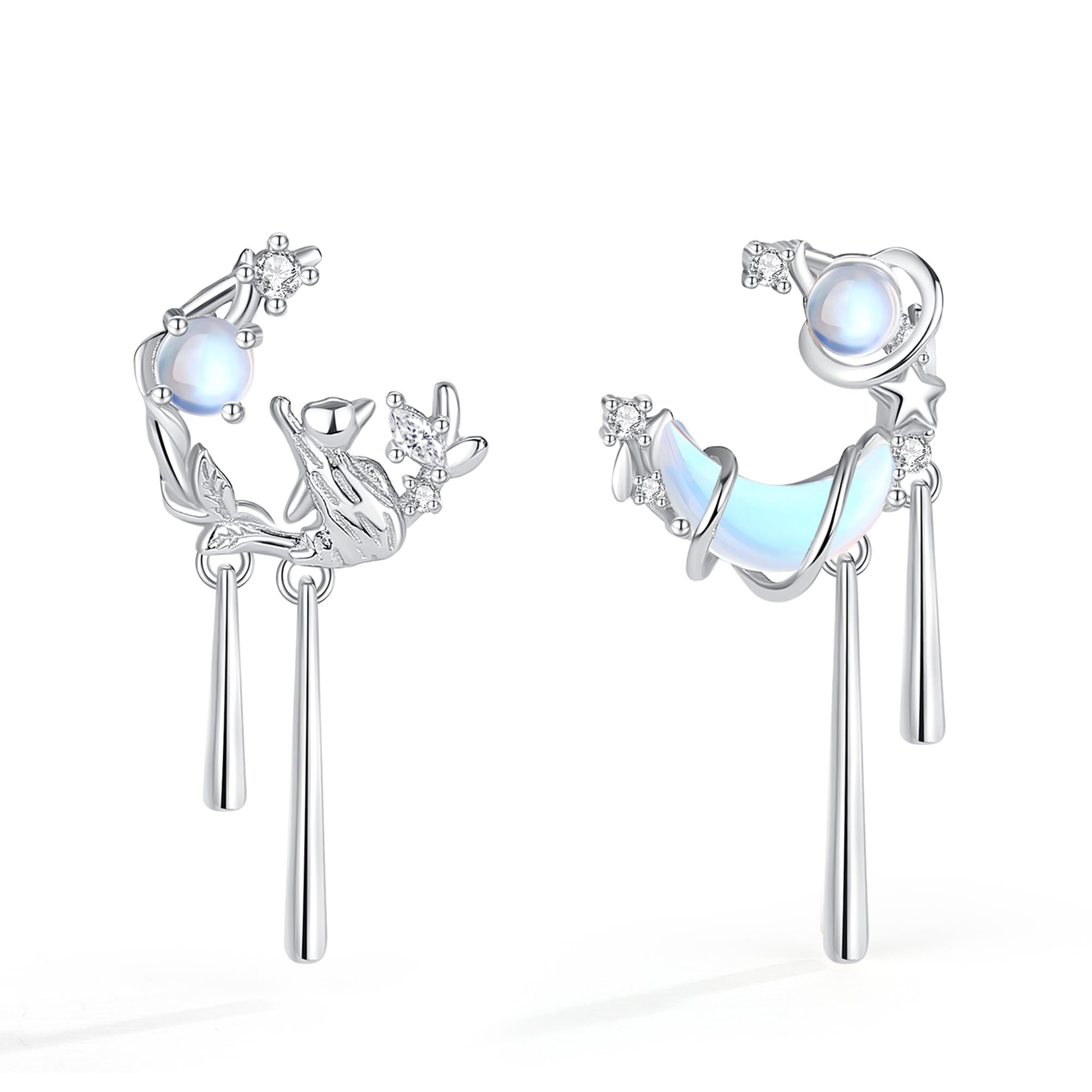 

Earrings for Women Moonstone Birthstone Cute Cat Motif Cat Moon Silver 925 Hypoallergenic Good Luck Charm Dangling Accessory Popular Gift Silver