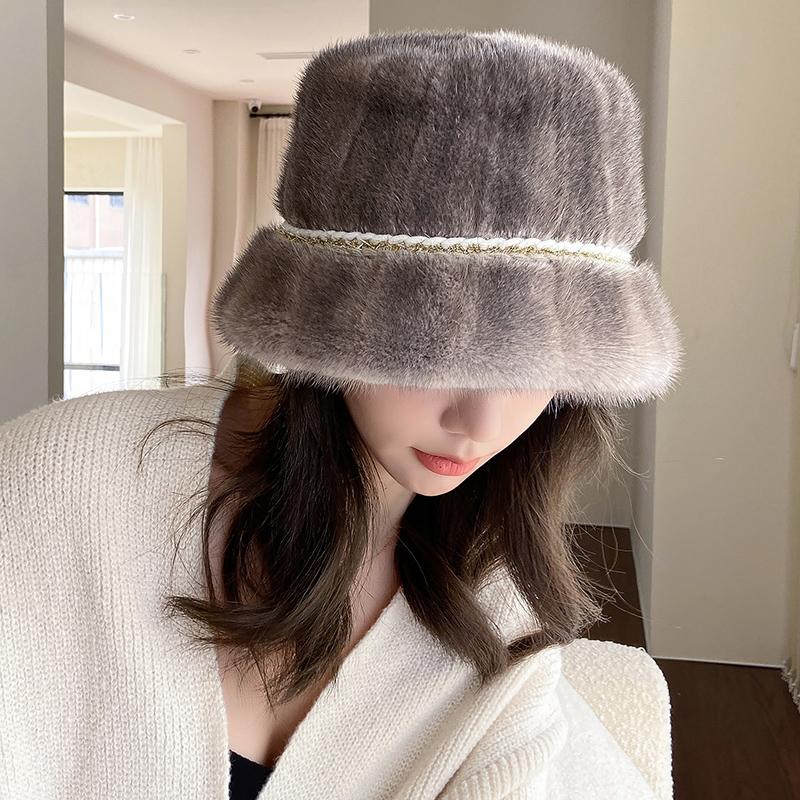 Hat Women Winter Fashion Fur Bucket Hat Mink Fur Whole Skin Fisherman's Hat Warm Hat