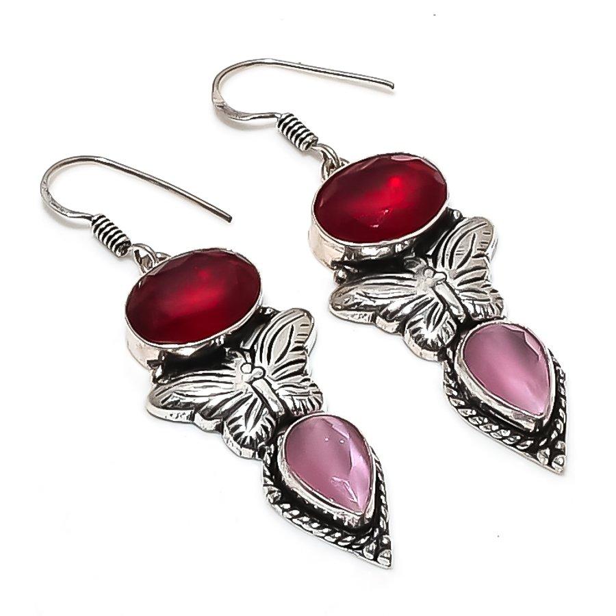 Natural Pink Chalcedony, Garnet 925 Sterling Silver Jewelry Earring 2.29" F8R87