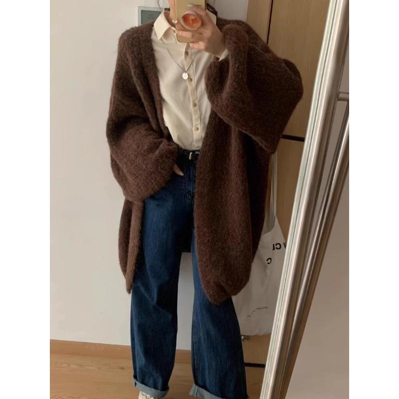 Lantern sleeves lazy wind sweater jacket women's autumn and winter soft waxy loose and thin versatile knitted cardigan women