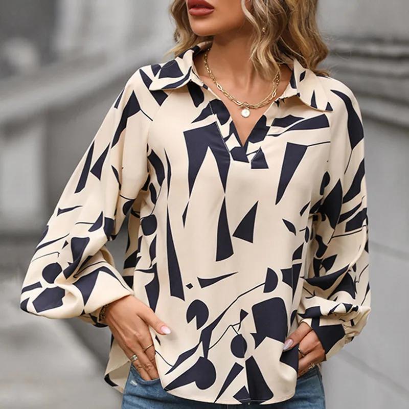 Camisas estampadas de manga larga de otoño para mujer, Blusas con cuello vuelto a la moda, camisas holgadas informales para mujer, Blusas elegantes para mujer 29456