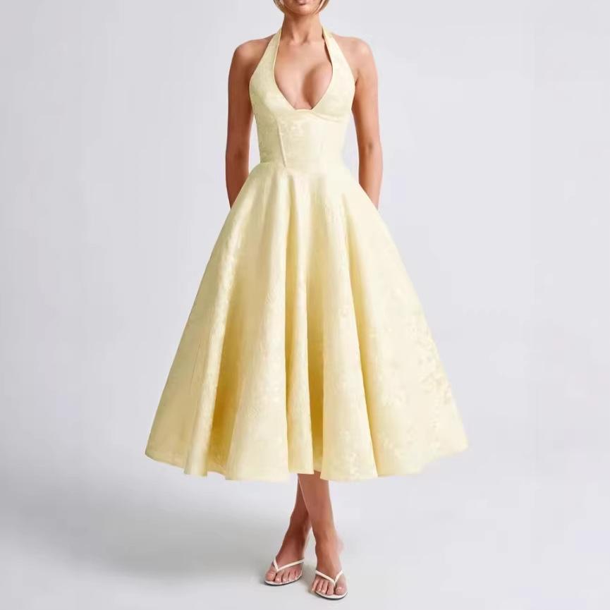 2026 Women's Exquisite Jacquard Halter Deep V High Waist A-line Dress