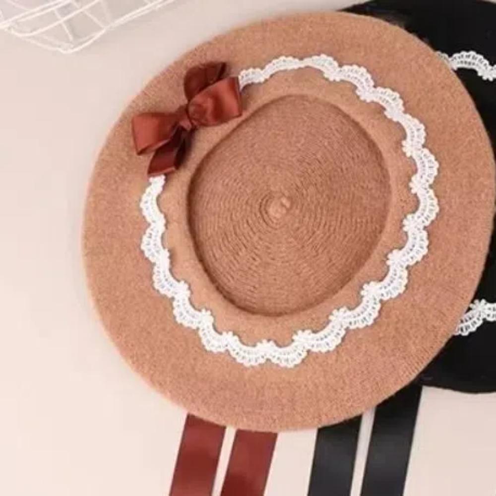 Warm Lolita Beret Japanese Style Beanie Cap Decorate Girl Lace Bow Hat Women Headdress