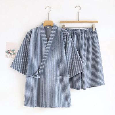 Cotton Thin Striped Pajamas for Men and Women Kimono Short-sleeved Shorts Pijamas Couple Summer V-Neck Home Clothes