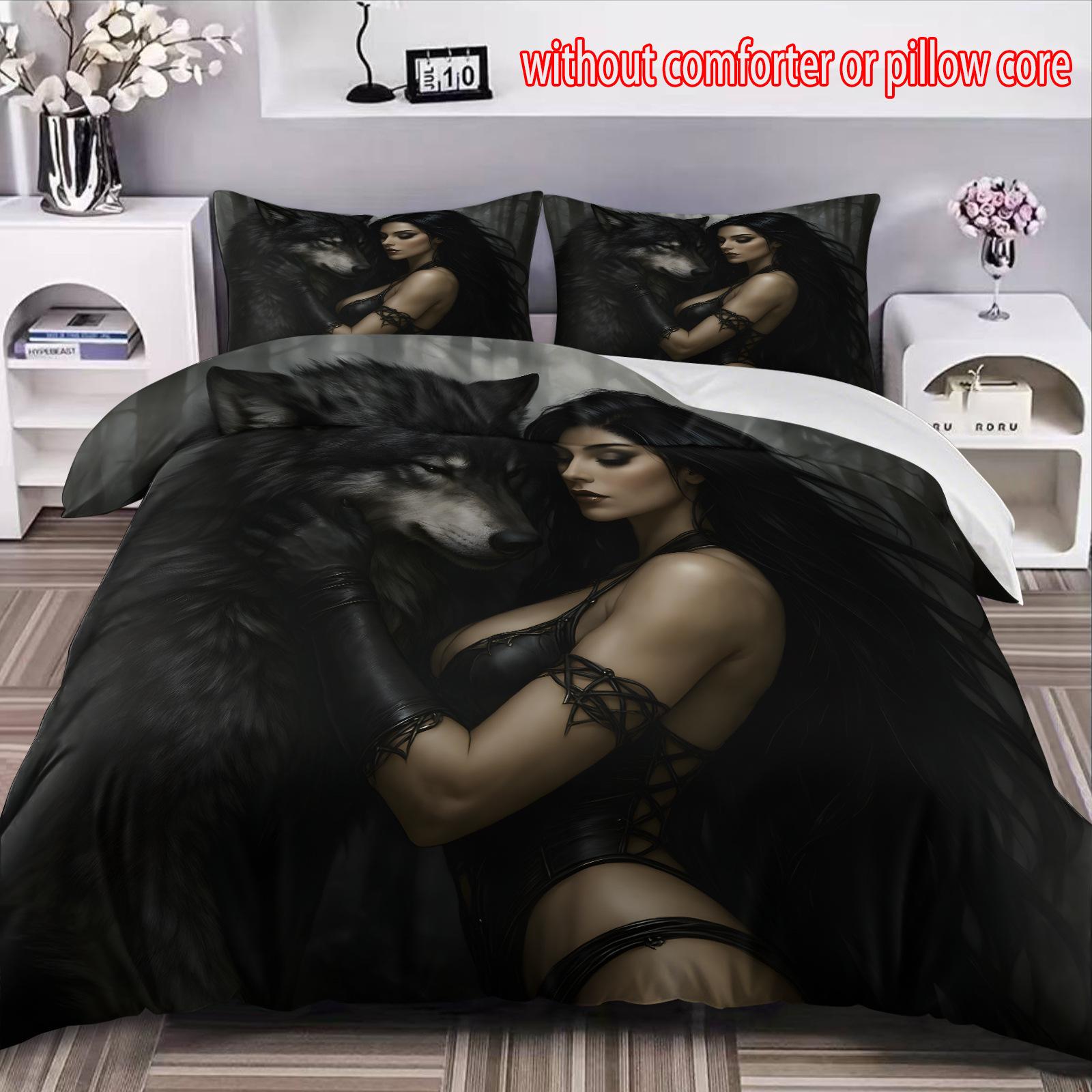 

Красивая женщина волк трехпредметный стеганый набор с 3D цифровой печатью cover 90 * 200 + and 50 * 75 * 1