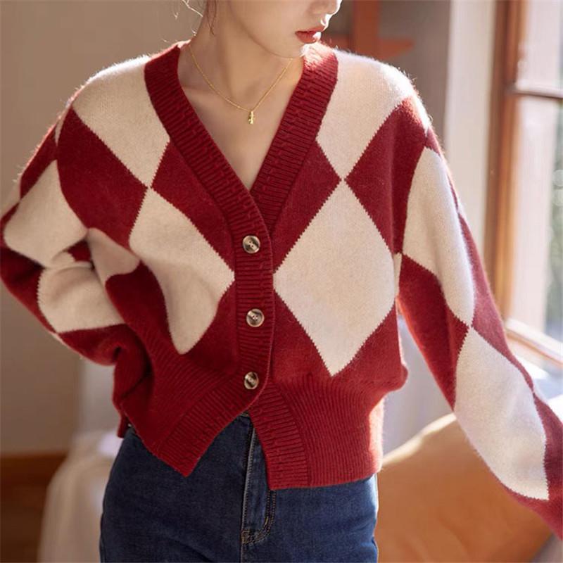 

Ретро куртка-свитер с ромбами женская осенняя новая короткого дизайна с V-образным вырезом вязаный кардиган топ женский One size красный