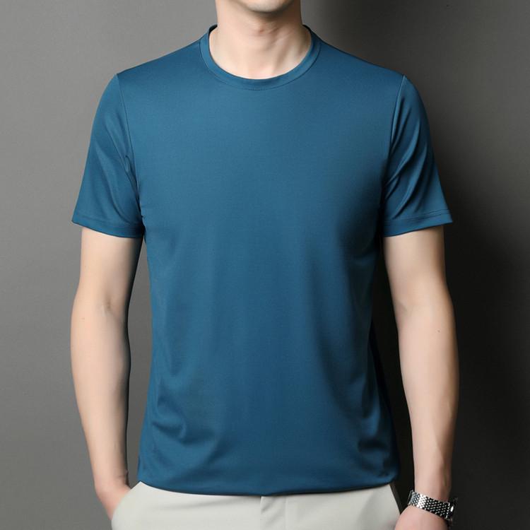 Brand 2025 Men's High-End Ice Silk Crew Neck Short Sleeve T-Shirt - Solid Color, Advanced Texture, New Summer Edition