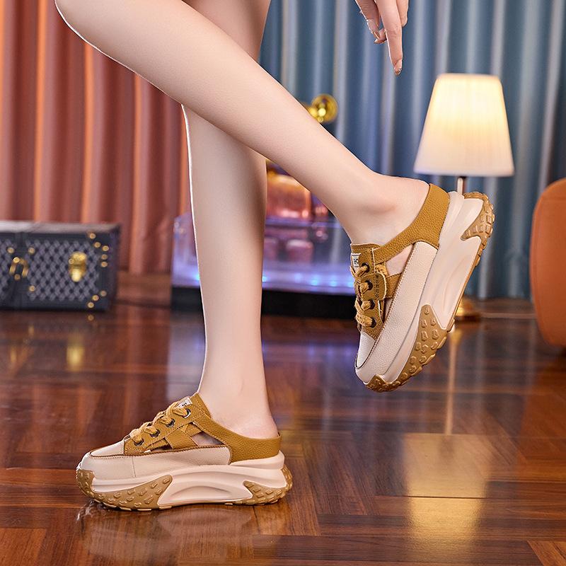 Baotou cool slippers women's outer wear 2025 summer new versatile thick-soled mesh hollowed out half-drag inner height-increasing casual shoes